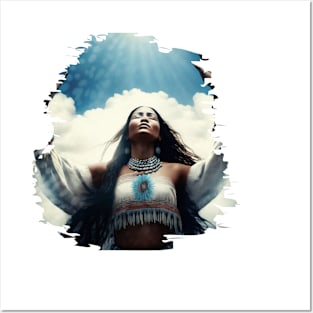 Beautiful Native American woman; boho; women; spiritual; mediation; light; awakening; beautiful; ritual; heavens; sky; meditate; spirtuality; Posters and Art